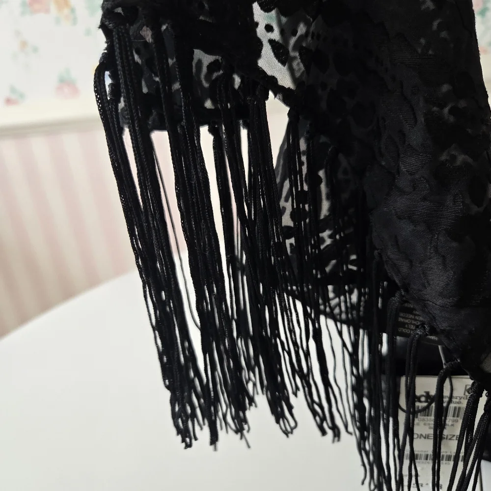 NWT Style & Co Burnout Chiffon Sheer Paisley Floral Fringed Black Scarf 20×73 In